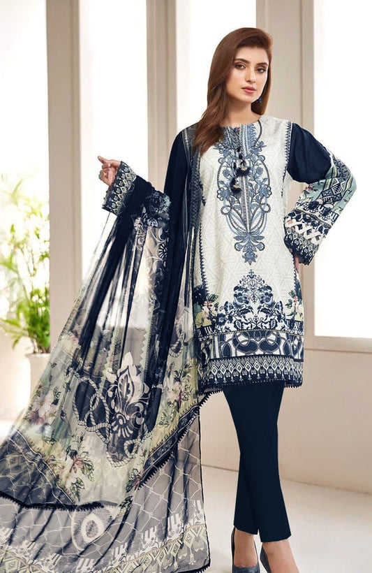 3 Piece - Embroided Lawn Suit With Chiffon Dupatta