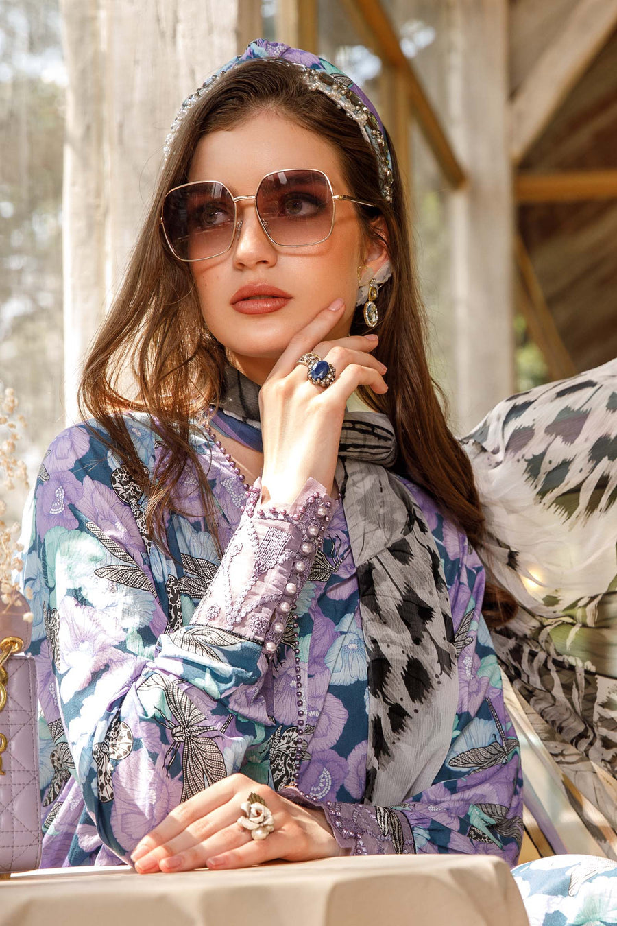 3 Pc Unstitched Embroided Lawn suit (Digital Printed Silk Dupatta)