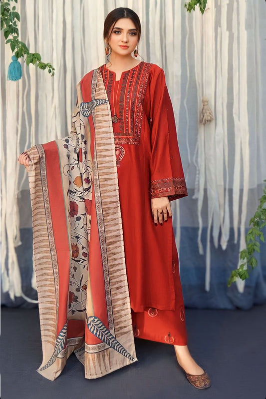 3 Piece - Unstitched Embroidered Dhanak Fabric With Wool Shawl